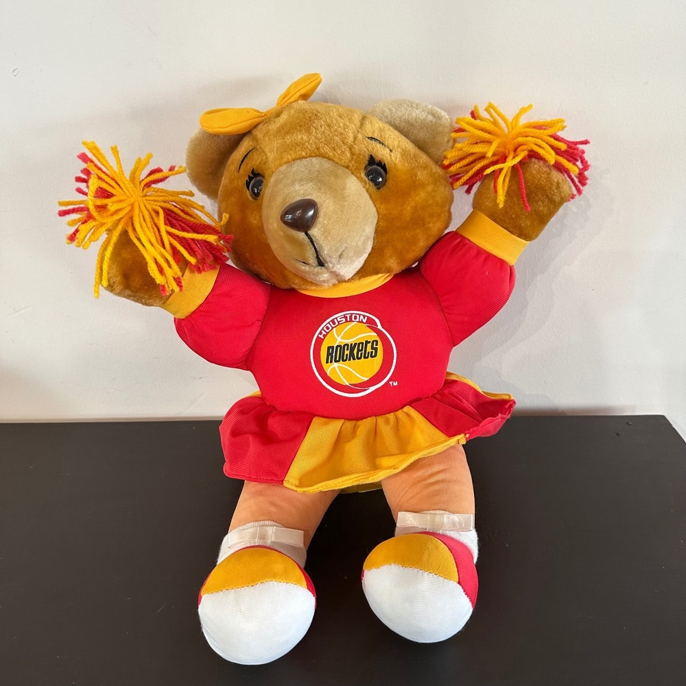 Vintage Houston Rockets Cheerleader Teddy Bear Plush Play-By-Play NBA Red Yellow